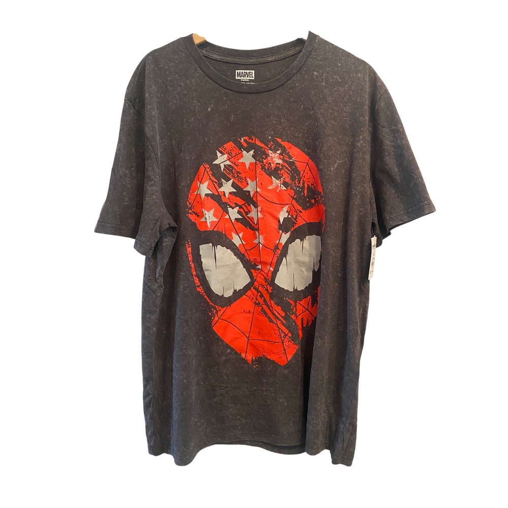 Marvel Spider-Man American Flag Mask Graphic T-Shirt Gray Acid Wash Mens XL NEW